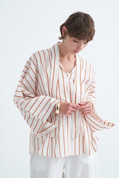 EBU Prive Women's Organic Cotton Thick Striped Cape Blouse Ecru