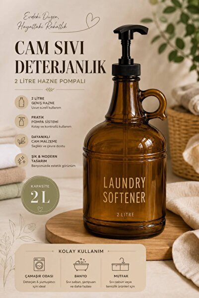 HAZARPAZAR Cam Sıvı Deterjanlık - Amber Pompalı Deterjan ve Yumuşatıcı Saklam...