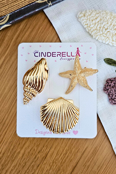 Cinderella 3'lü Deniz Kabuğu Deniz Yıldızı Gold Metal Pens Toka Seti 5cm - Ya...