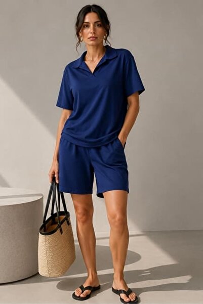 bb butik basic Set pantaloni scurți cu guler polo din țesătură modal – Set de...