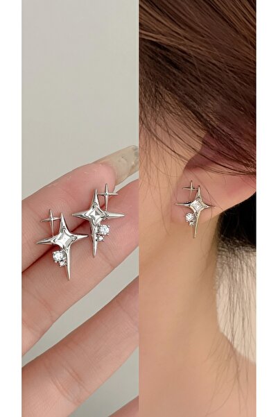 ATALYA ACCESSORY Women's Silver Color Minimal Earrings with Pole Star Figure ...