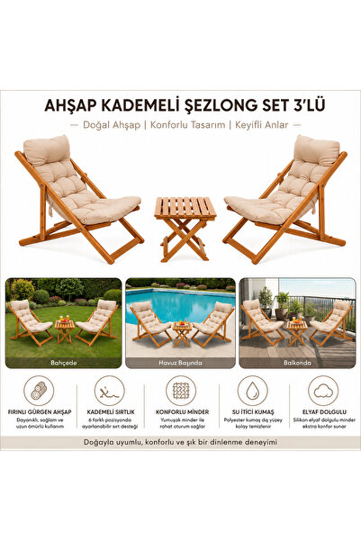 Genel Markalar AHŞAP KADEMELİ 3 LÜ ŞEZLONG SET