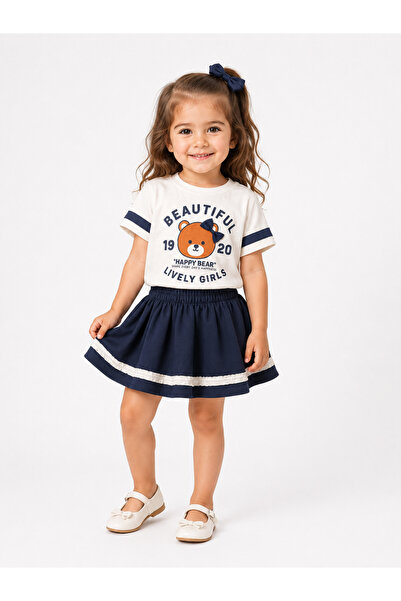ues Girl's Teddy Bear Patterned Navy Blue Skirt Set
