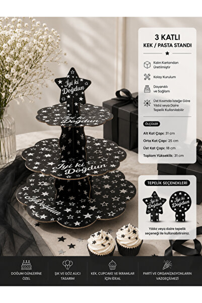 essen party İyiki Doğdun Siyah Yıldızlı 3 Katlı Karton Kek Cupcake Pasta Stan...