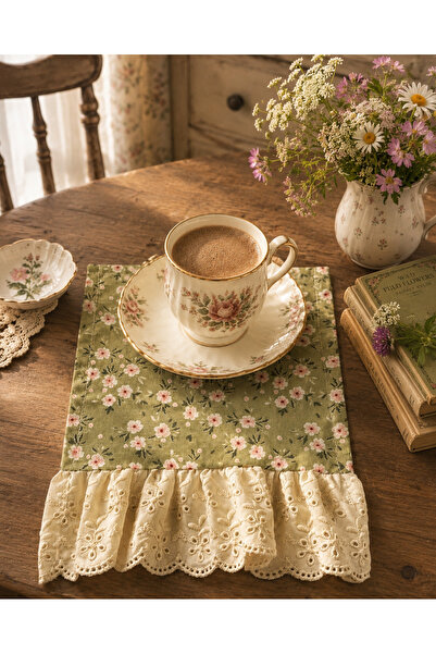 NURGİTA HOME Fırfırlı Ucu Fistolu Vintage Kahve Sunum Peçetesi & Çiçekli Kokt...