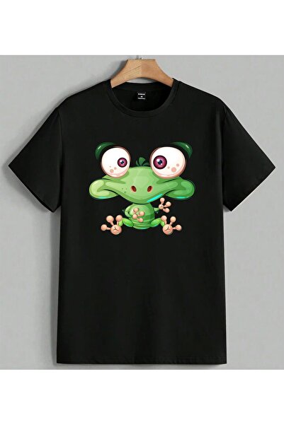 ELFERA Cute Frog Goz Cikik Printed Unisex Oversize T-Shirt Black