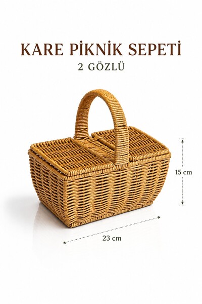 Rosie Kare Hasır Kulplu 2 Gözlü Piknik, Mutfak Sepeti