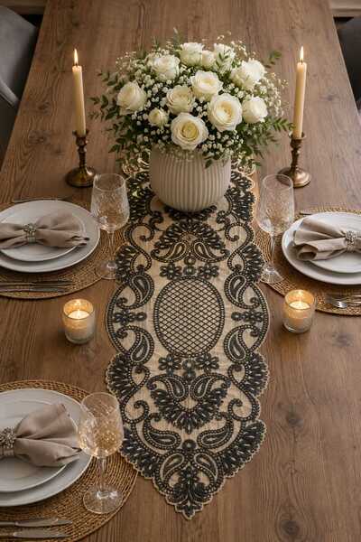Lena Maison Luna Black Lace Runner/Table-Console Cover 35X105 cm