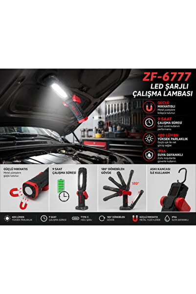 MEHAK ZF-6777 LED Şarjlı Çalışma Lambası – Type-C Şarjlı, 400 Lümen, Mıknatıs...