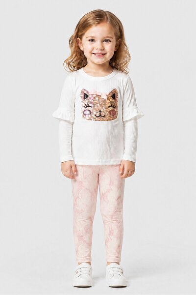 NANNETTE Toddlers Girl 3Pcs Sequins Cat Top And Leggings Set, Multicolor