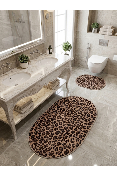 Brillant Leopar Desenli Lateks Taban 2'li Banyo Paspası (70x110-70x50)