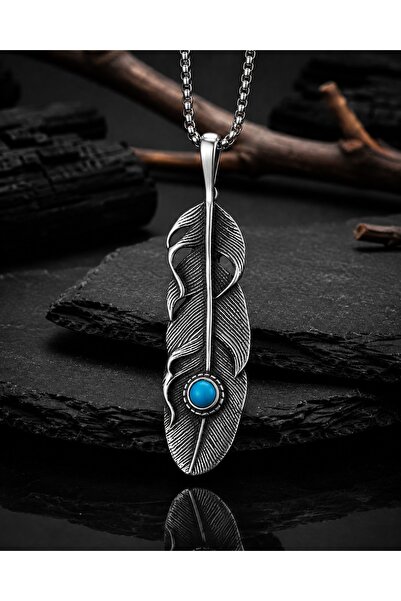 voyageaccessory Stainless Steel Turquoise Stone Feather Necklace