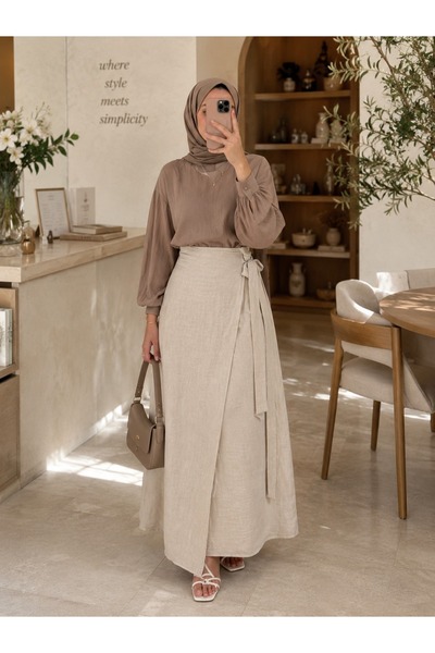 unika boutique Bej Uzun Keten Kadın Etek