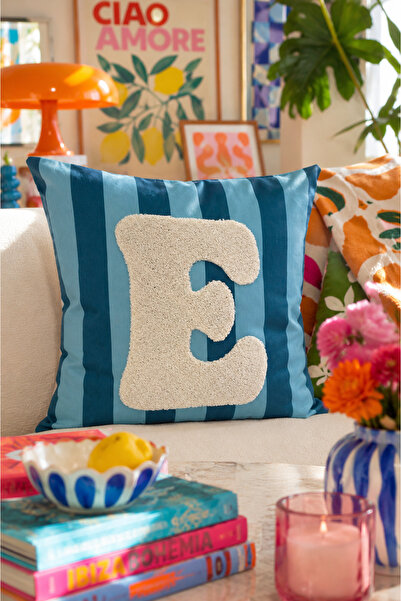 Pilloveland Punch Embroidered Cushion Cover - 43*43 cm - Blue Letter E - Pnk001
