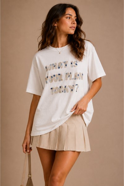 Rokka Moda Today Tee – White Cotton T-Shirt with Embroidered Text