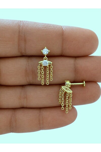 Arescollection 1 ADET ZİRKON TAŞLI ZİNCİR SALLANTILI HELİX FLAT LOBE UYUMLU PİERCİNG