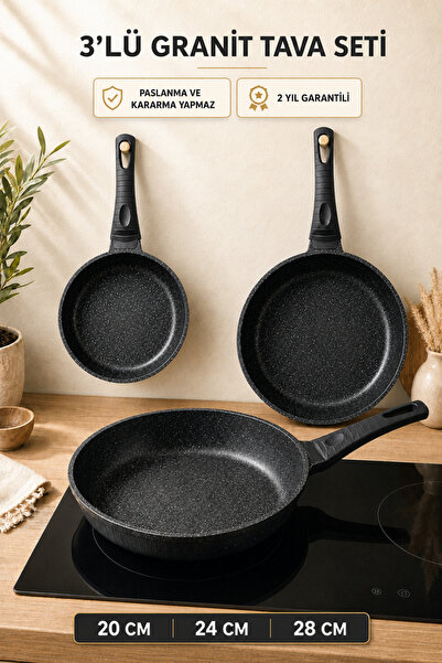 Enza Tita 3-Piece Cast Iron Pan Set Fireproof & Non-Stick Black (20-24-28 cm)