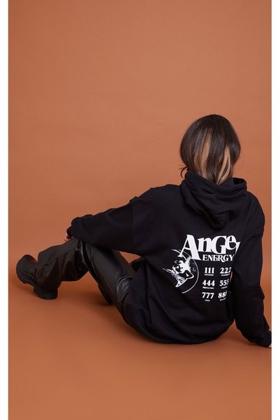 WESTİMO Women's Black Angel Energy Printed 3 Thread Hooded Hoodie Sweatshirt