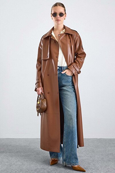 Olcay Long Leather Trench Coat with Epaulet and Cape Detail, Snap Closure Tab...