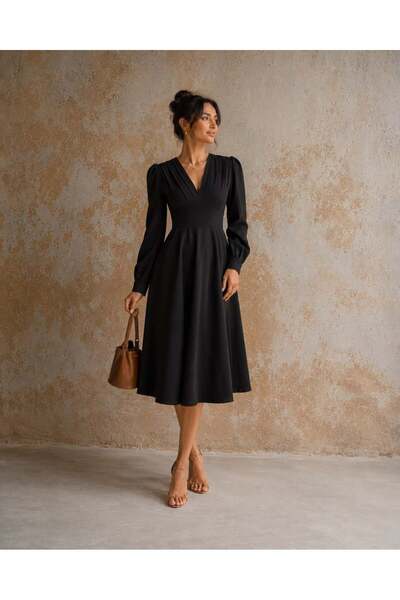 Modafeminen V-Neck Pleated Balloon Sleeve Black Midi Dress 582757