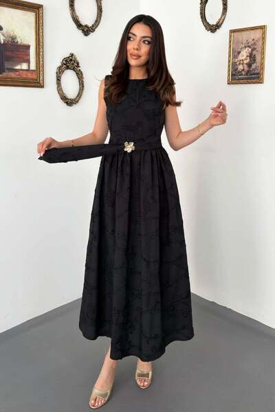 Moda Days Women's Black Midi Dress with Floral Embroidery, Belted, Gathered, ...