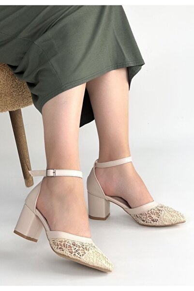 DMR Elegance Dmop Beige Skin Tulle Detailed Heeled Shoes