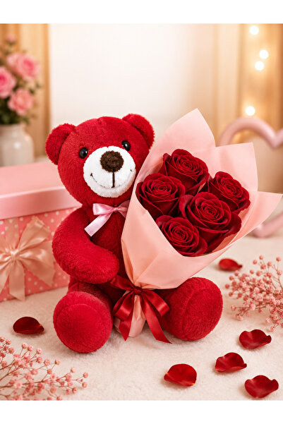 İNCİ sepette Velvet 5-Piece Bouquet of Roses and Teddy Bear