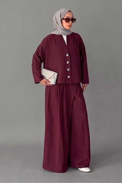 Norshen Double-Breasted Cut-Button Blouse & Skirt Look Wide-Leg Trousers - Li...