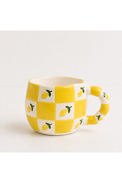 Çağ Seramik Square Stripe Lemon Patterned Handmade Ceramic Mug – Cream Coffee...