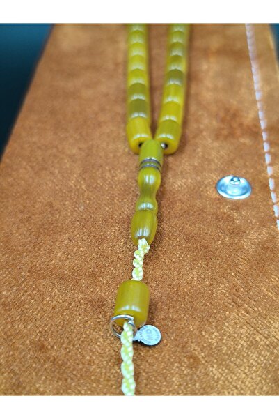 Onurlu Tesbihane Usta İmzalı Osmanlı Benzetme Sıkma Kehribar Tesbih (Muhammed Dabbas, Hardal Sarısı, 9x7 mm)