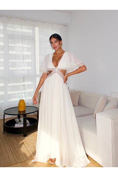 FLOWERİNG Women's White Maxi Lace Lined Dress