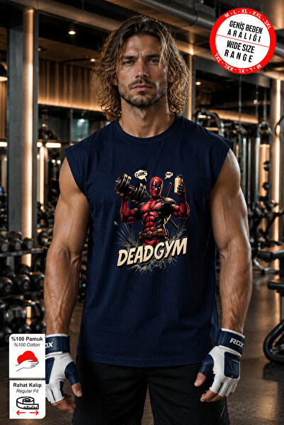 BESSA Navy Blue Dead Gym Printed Crew Neck Sports Athlete Undershirt Cotton S...