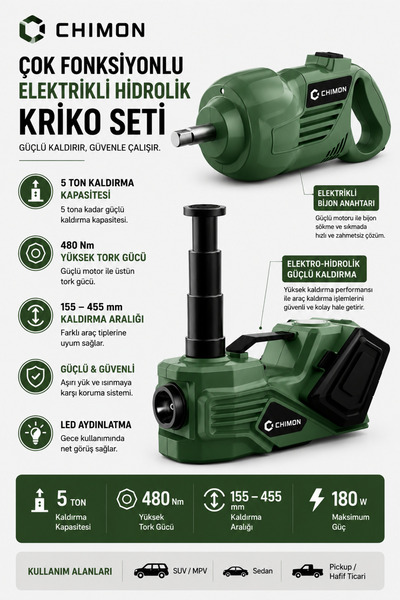 Elektrikli 5 Ton Kapasiteli Hidrolik Kriko Hava Kompresörü Bijon Anahtarı LED Fener 3’ü 1 Arada