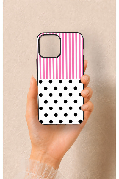Vip Case iPhone 12 Pro Max Uyumlu Pembe Çizgili Puantiye Desenli Silikon Kılıf