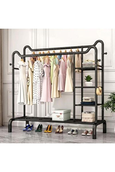 Generic Double Metal Clothes Hanger with Storage Shelves and Wheels