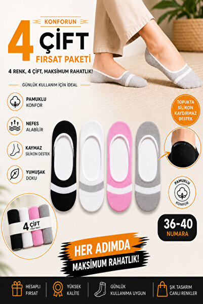 Festival Socks Kadın Babet Çorap 4 Çift | Pamuklu Kaymaz Silikon Topuklu | 36...