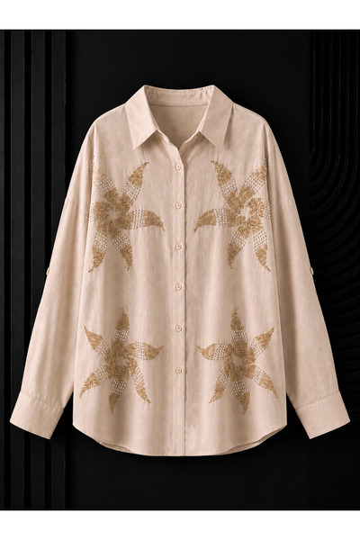 studio fashion 1988 Beige Bead Embroidered Oversize Loose Cotton Viscose Shirt