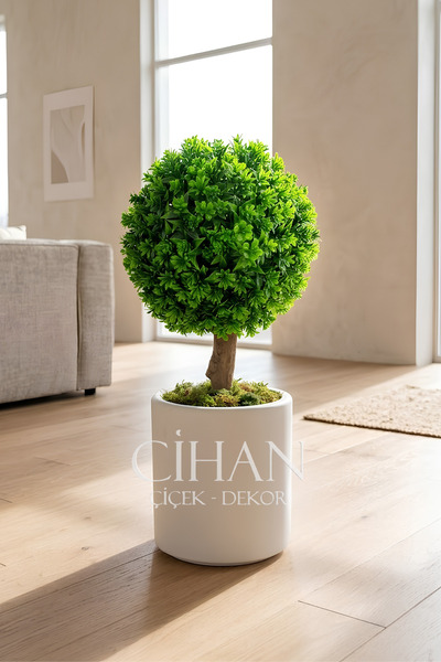 Cihan Çiçekçilik Yapay Top Şimşir Ağacı 70 cm (UV Dayanıklı) - Beyaz 32X30 Si...