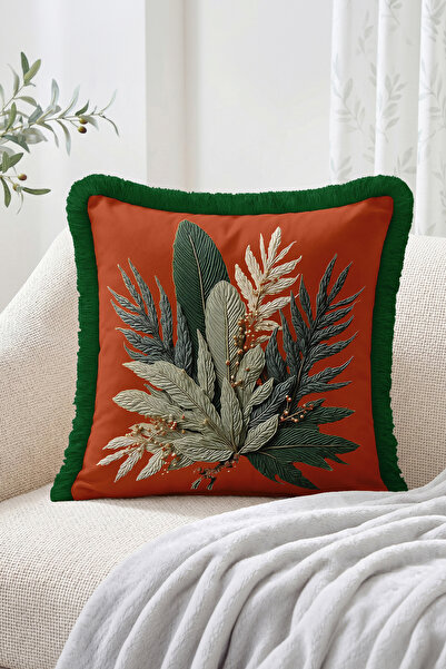 Realhomes Botanical Leaf and Flower Branches Patterned Fringed Throw Pillow C...
