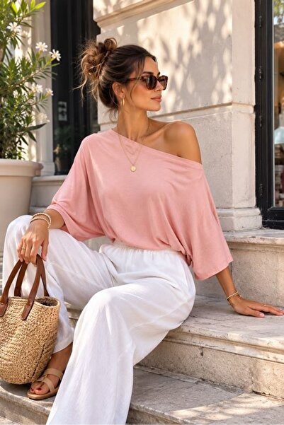Moda Days Women's Pink Boat Neck Ribbed Textured Loose Off-Shoulder Short Sle...