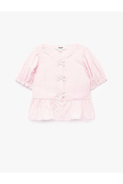 Koton Viscose Blended Crew Neck Bowknot Striped Blouse