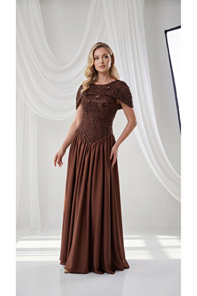 holie dress TAŞ-PAYET İŞLEMELİ DANTEL PELERİN YAKA UZUN ABİYE ELBİSE BAĞCIKLI...