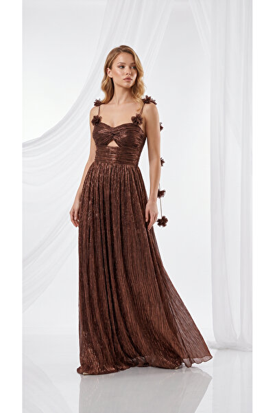 holie dress İP ASKILI ÇİÇEK APLİKELİ SİMLİ PLİSELİ A KESİM UZUN ABİYE ELBİSE