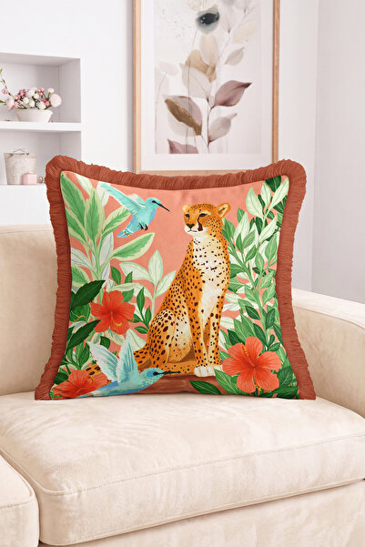 Realhomes Cheetah Figured Fringed Throw Pillow Cover with Bird and Tropical L...