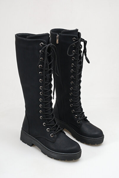 SENASTİL S160 Women's Black Lace-Up Inner Zipper Below the Knee Boots Thick S...