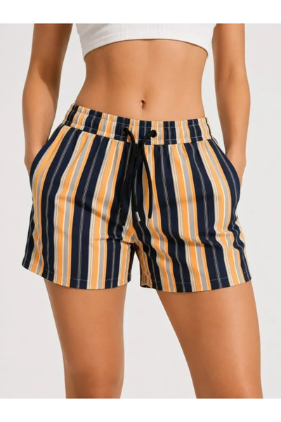 Wear Up شورت سباحة مخطط بجيوب وبطانة شبكية سريع الجفاف مع أربطة - أزرق داكن ب...