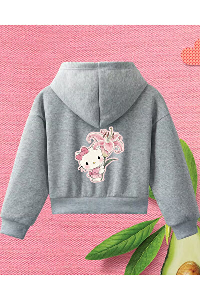 haha Kız Çocukları için Hello Kitty Çiçek Baskılı Kapüşonlu Ceket