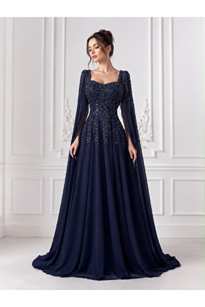 ranin Navy Blue Layered Chiffon Beaded Embroidery Evening Dress