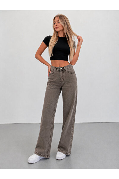 yourshıne denım co. High Waist Snow Wash Brown Textured Stone Wash Baggy Leg ...