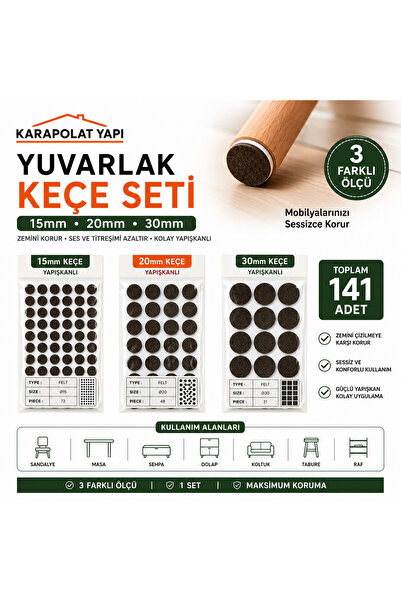 KarapolatYapı Yapışkanlı Yuvarlak Keçe Seti 15mm 20mm 30mm Mobilya Ayak Koruy...